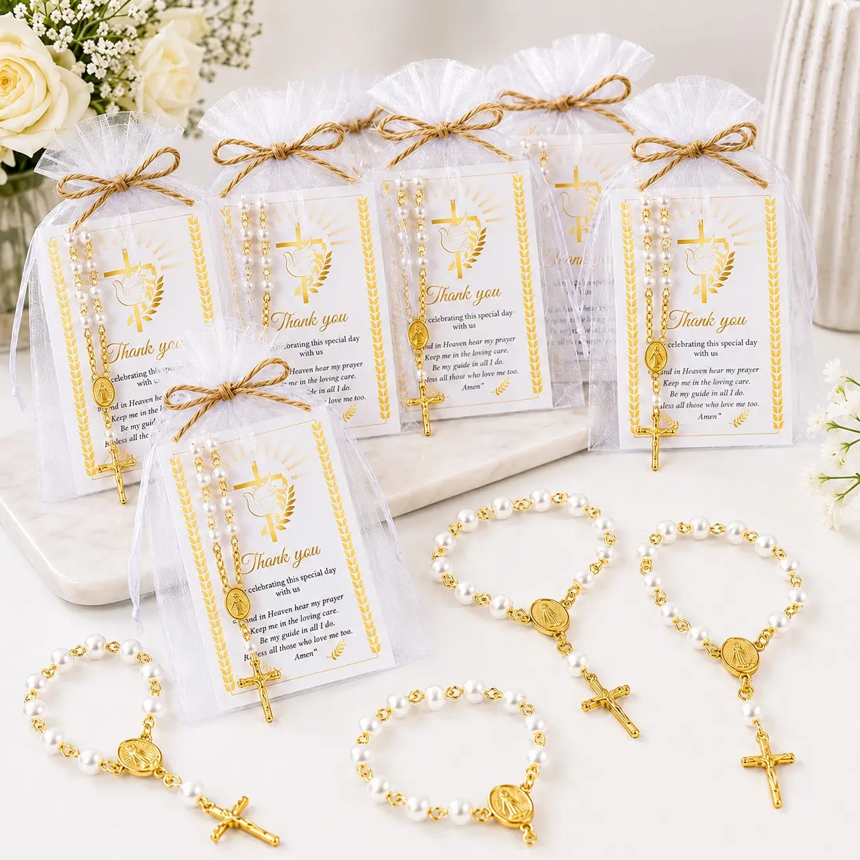 10 sets Catholic Baptism Favors for Guests, Pearl Rosary Bracelets with Gold Cross Charms, Organza Gift Bags and Thank You Prayer Cards, First Communion, Confirmation, Christening, Wedding and Church Celebration Keepsake Gifts