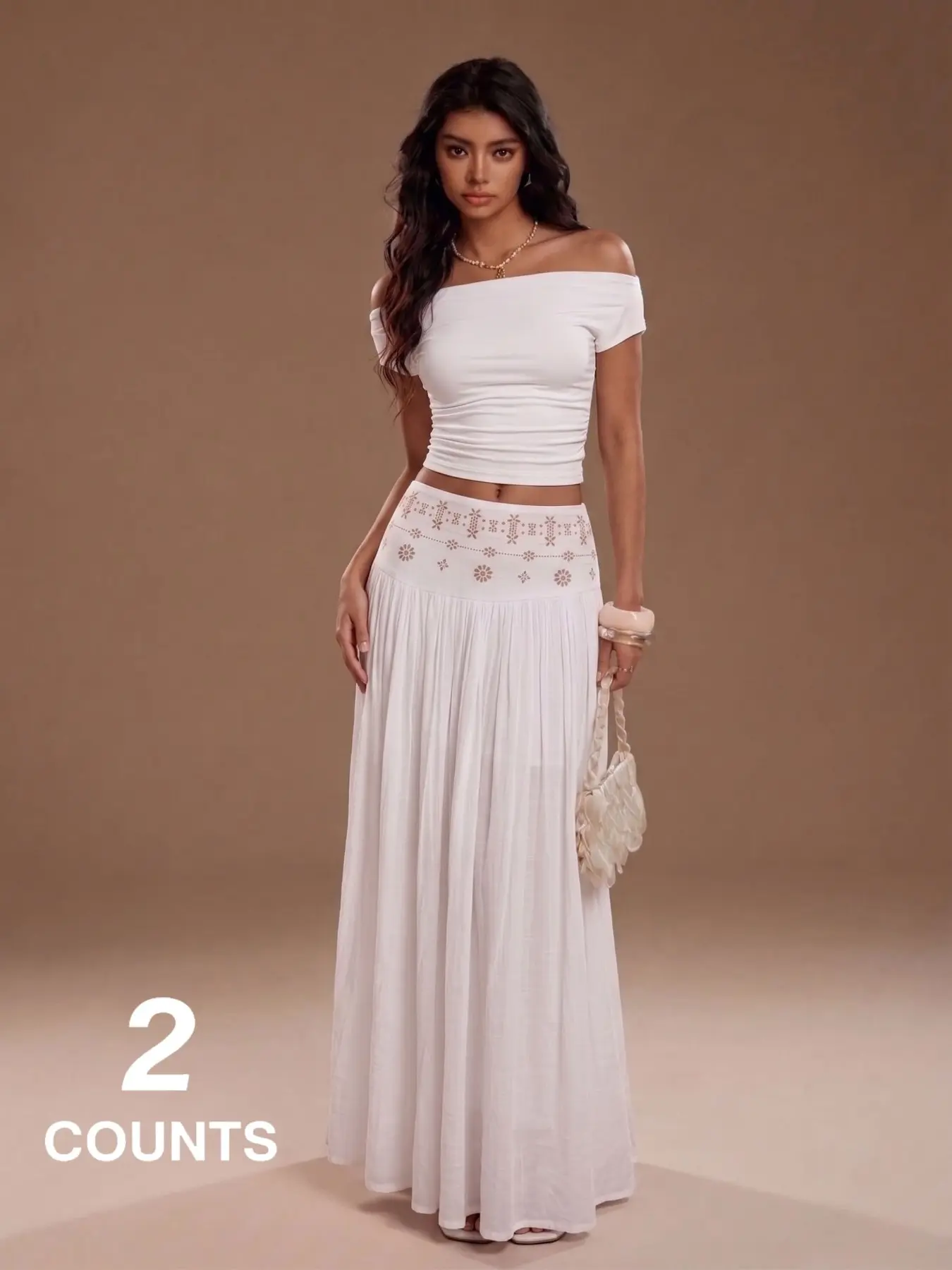 Women Y2K Romantic Bohemian Two Pack Resort Set Solid White Sleeveless Off Shoulder Crop Top Waistband Floral Embroidery Airy Crinkle Floor Length Skirt
