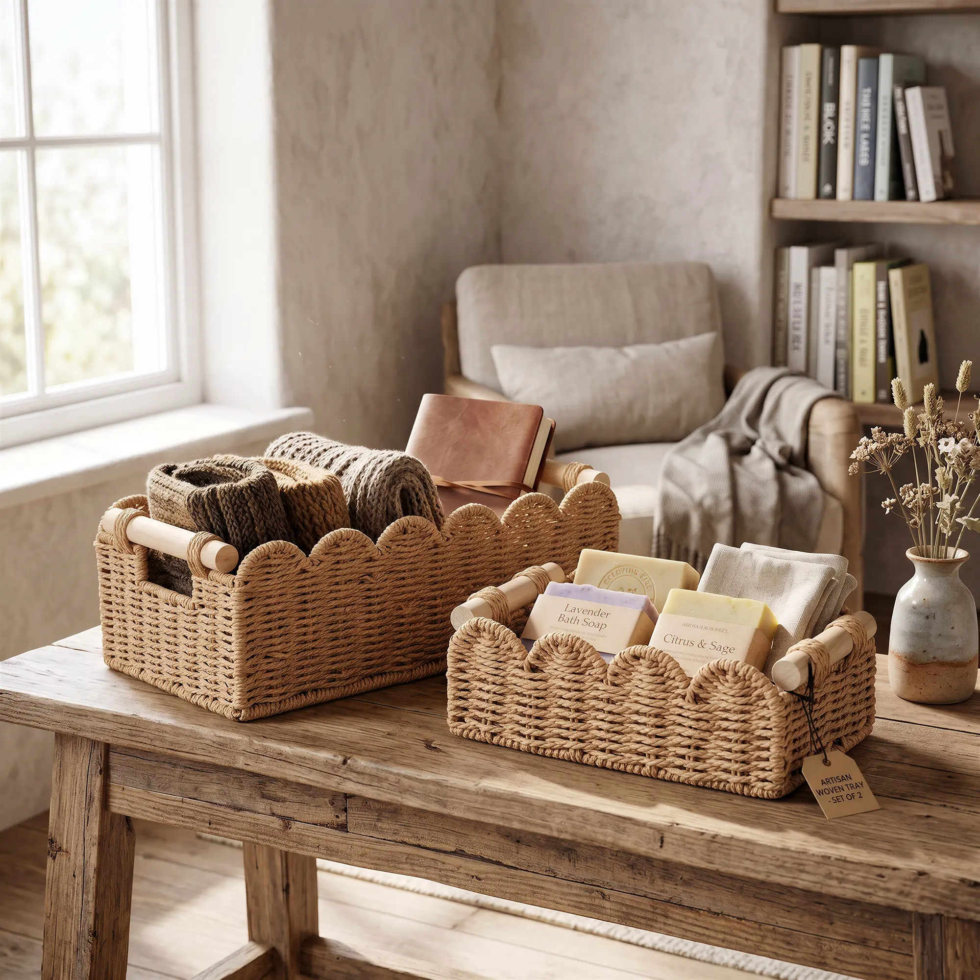 Wicker Baskets Set of 2 with Handles – Farmhouse Storage Organizer for Toilet Paper, Towels & Bathroom Essentials – Rustic Home Decor
