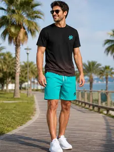 New Men's 2-Piece Set, Letter Print Round Neck Short Sleeve T-Shirt with Drawstring Shorts, Summer Comfortable Casual Outdoor Classic Minimalist Style