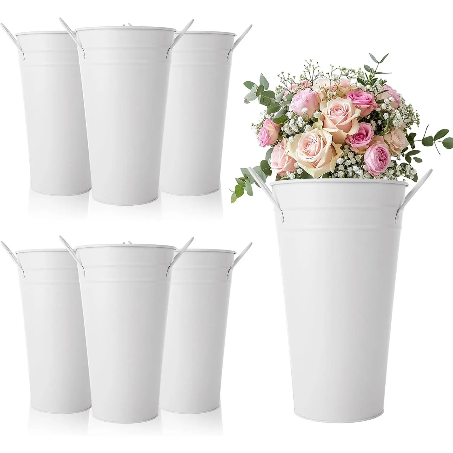 MIVIDE 6 Pack White Flower Buckets, 9.8 Inch Galvanized Metal Vases for Flowers, Flower Bucket with Handles, Farmhouse Vases for Wedding, Balcony Garden, Home Decor