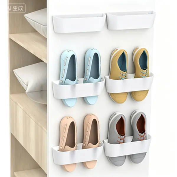 6-Pack Hanging Plastic Shoe Rack Organizer with Adhesive Mounts, Wall & Door Mounting Options, Heavy-Duty Self-Adhesive Hangers for Sneakers Heels Sandals, Space-Saving Home Organizer, 6 Units Per Pack