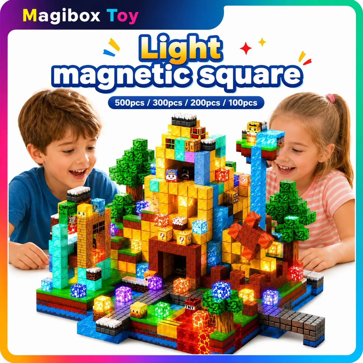 Light Up Magnetic Construction Building Blocks for Kids, Glowing Magnetic Building Cubes, Stem Sensory Toys for Ages 3+, Creative 3D Building Set Gift, DIY Building Model