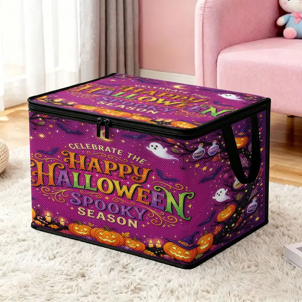 Non-woven Storage Bin with Colorful Halloween Pumpkin & Ghost Print on Purple Background, Foldable Fabric Holiday Storage Box with Zipper, Foldable Dustproof Fabric Organizer with Dual Carry Handles and Zippers, Dust & Moisture Resistant Organizer for Bed
