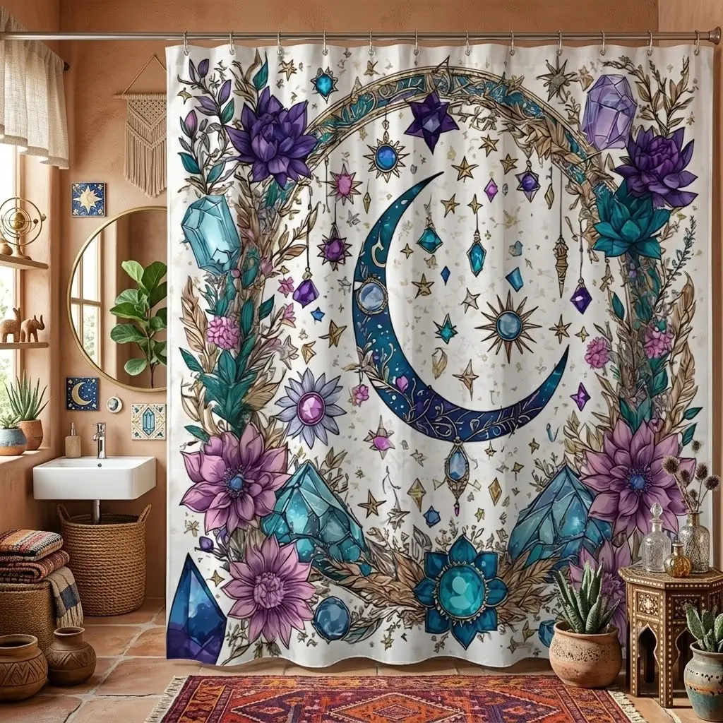 1pcs Boho Witchy Shower Curtain, Vintage Frame Crescent Moon Star, Floral Botanical Print, Mystic Celestial Art Bathroom Decor