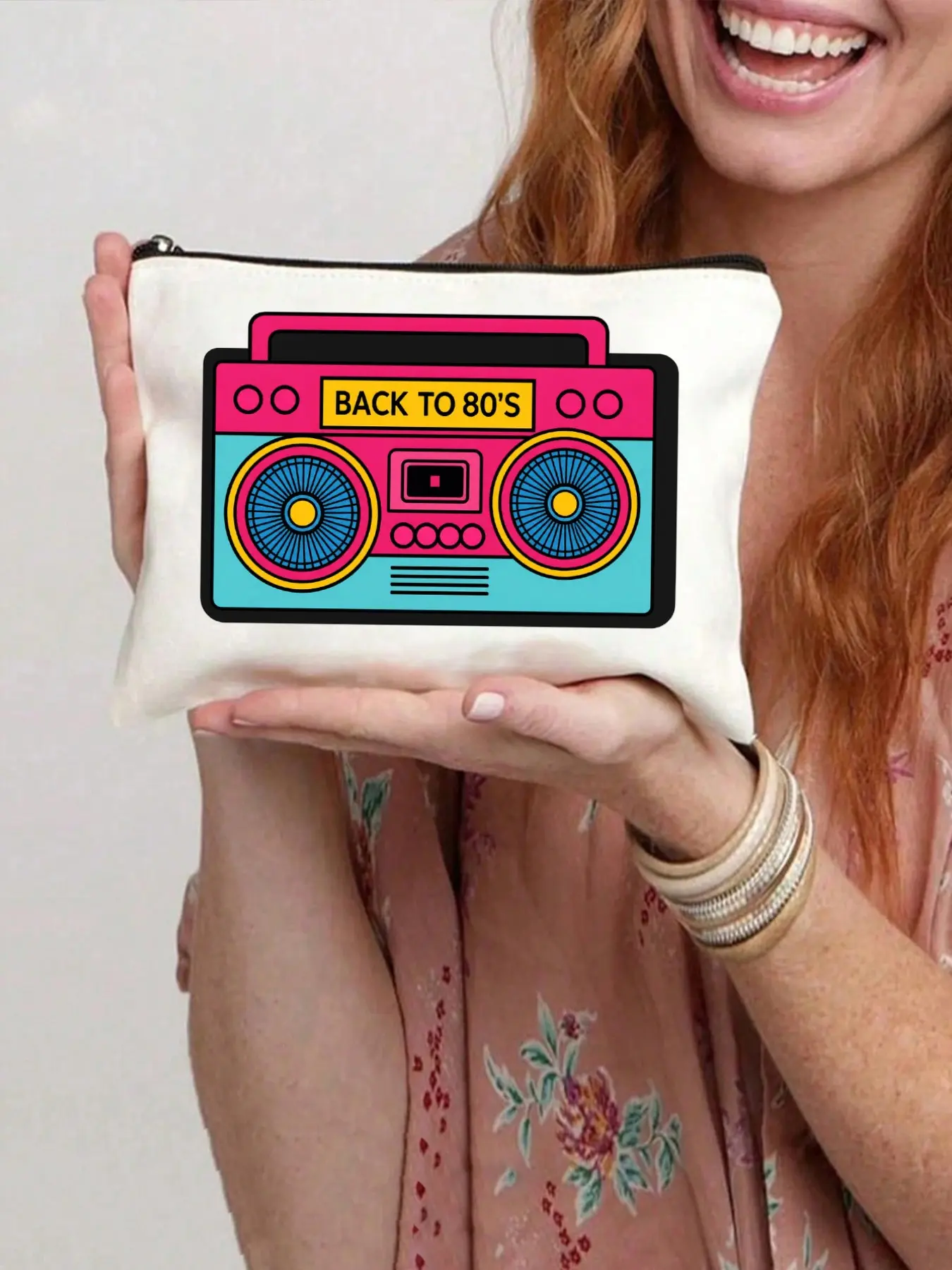 Vintage 80s Boombox Print Canvas Cosmetic Bag, Retro Music Design, Multi-Functional Zipper Pouch, Ideal for Cosmetics, Stationery, Travel Essentials