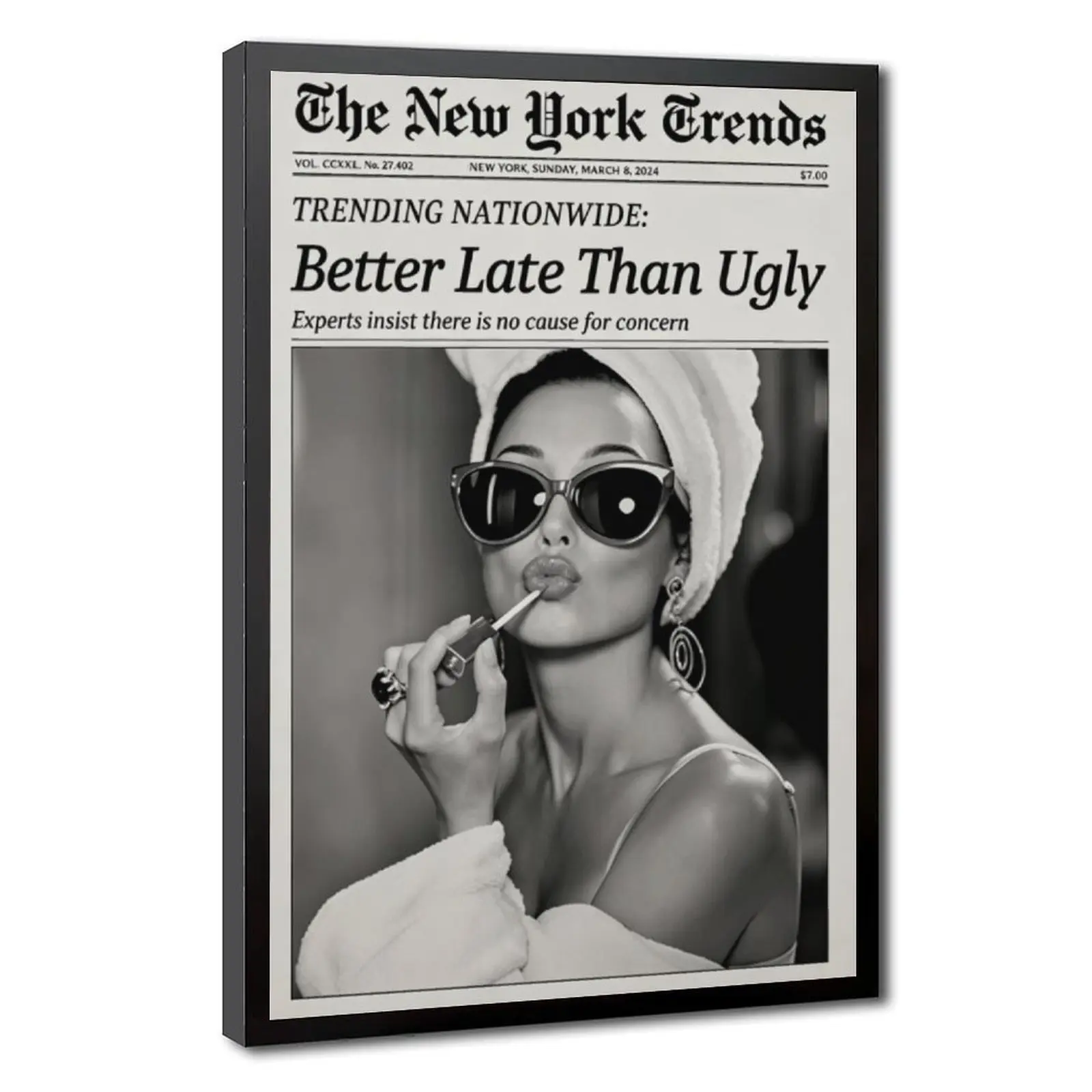 Vintage Newspaper Poster Wall Art - Black and White Fashion Photography Print, Artistic Decorative Hanging Luxury Editorial Canvas, Modern Minimalist Bedroom Decor, Chic Home Gift for Girls