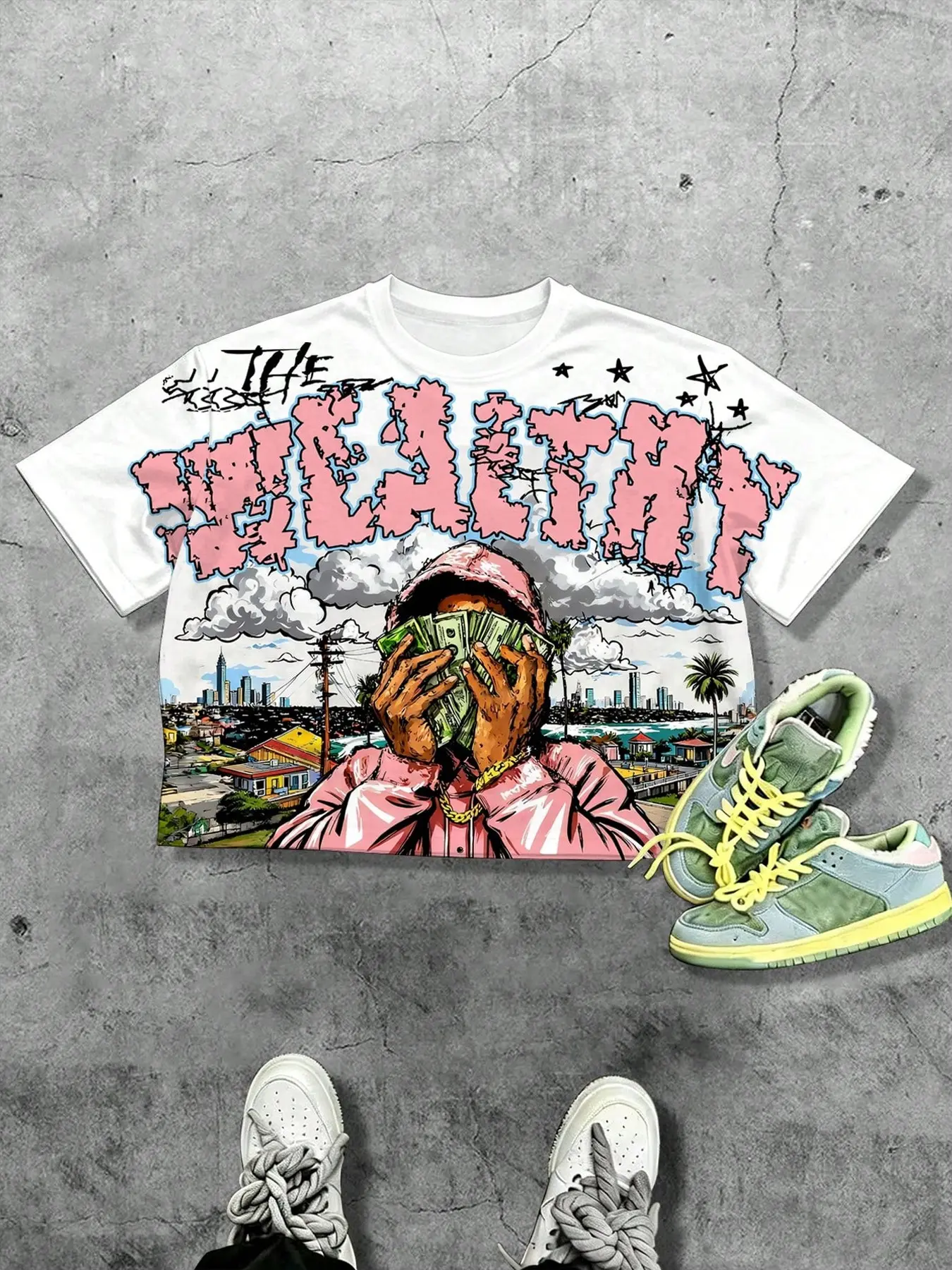 Men's Streetwear Cropped Top, Retro Rapper Banknote Print Short-Sleeved Shirt, American Hip-Hop Style T-Shirt, Suitable for Skateboarding, Street Style, and Everyday Urban Wear.