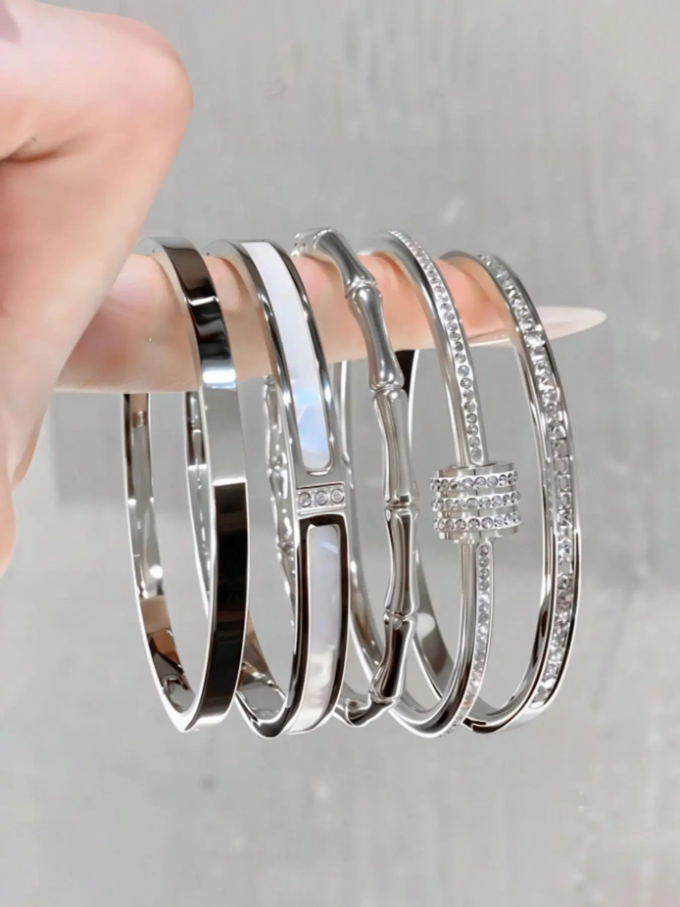 5pcs Elegant Multi-Element Stackable Bracelets, Rhinestone Shell Bamboo Stainless Steel, Women's Jewelry for Casual Wedding Dinner, Easter Thanksgiving Gift