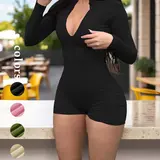 【Black Friday】Women's Sporty Casual Ribbed Half-Zip Long Sleeve Stand Collar Romper, Slim-Fit Bodycon Romper, Yoga Romper for Fitness and Daily Wear