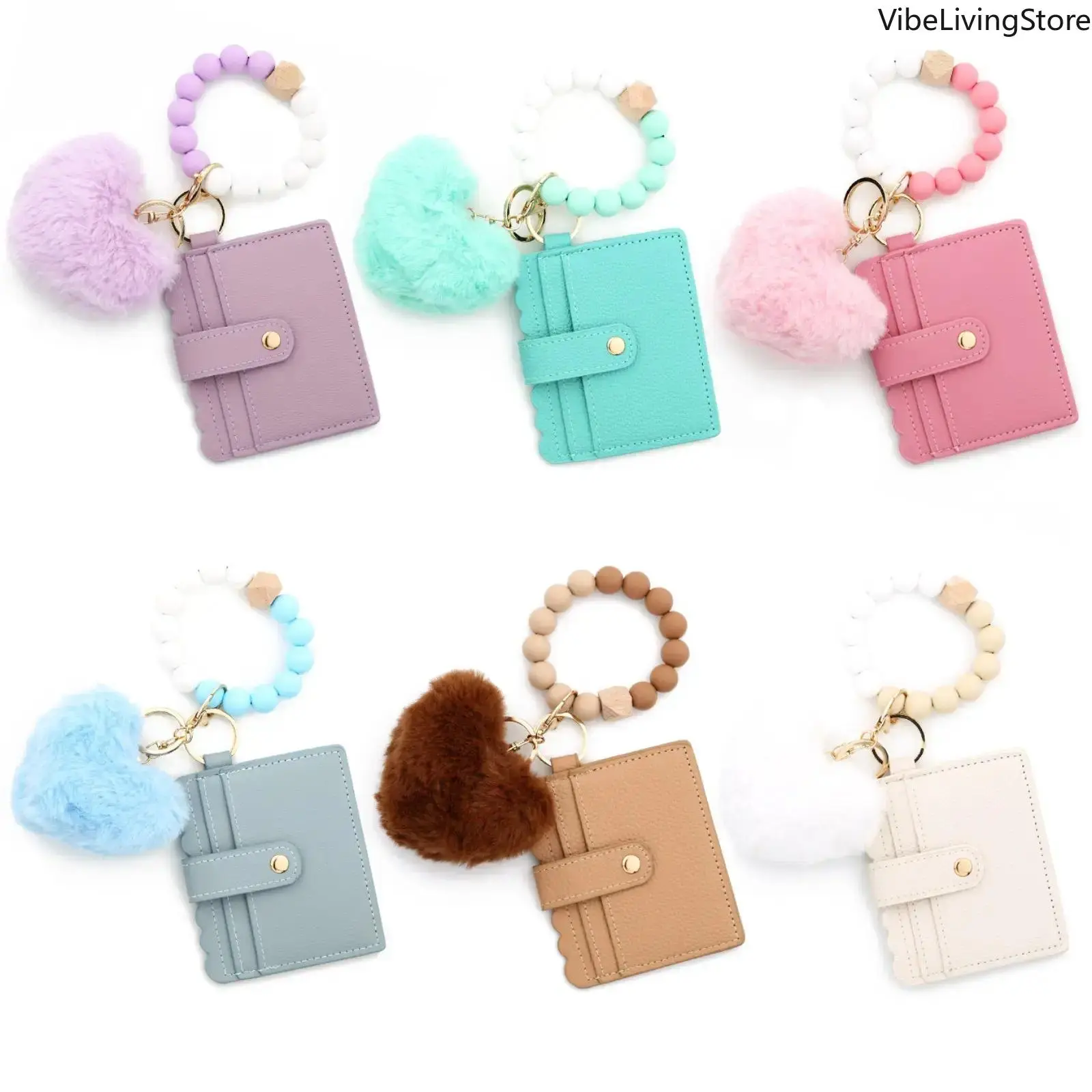 Women's Cute Cartoon Keychain, Plush Ball Charm with Casual Silicone Beaded Wristlet Strap for Purses & Backpacks, Silicone Strap, Beaded Strap