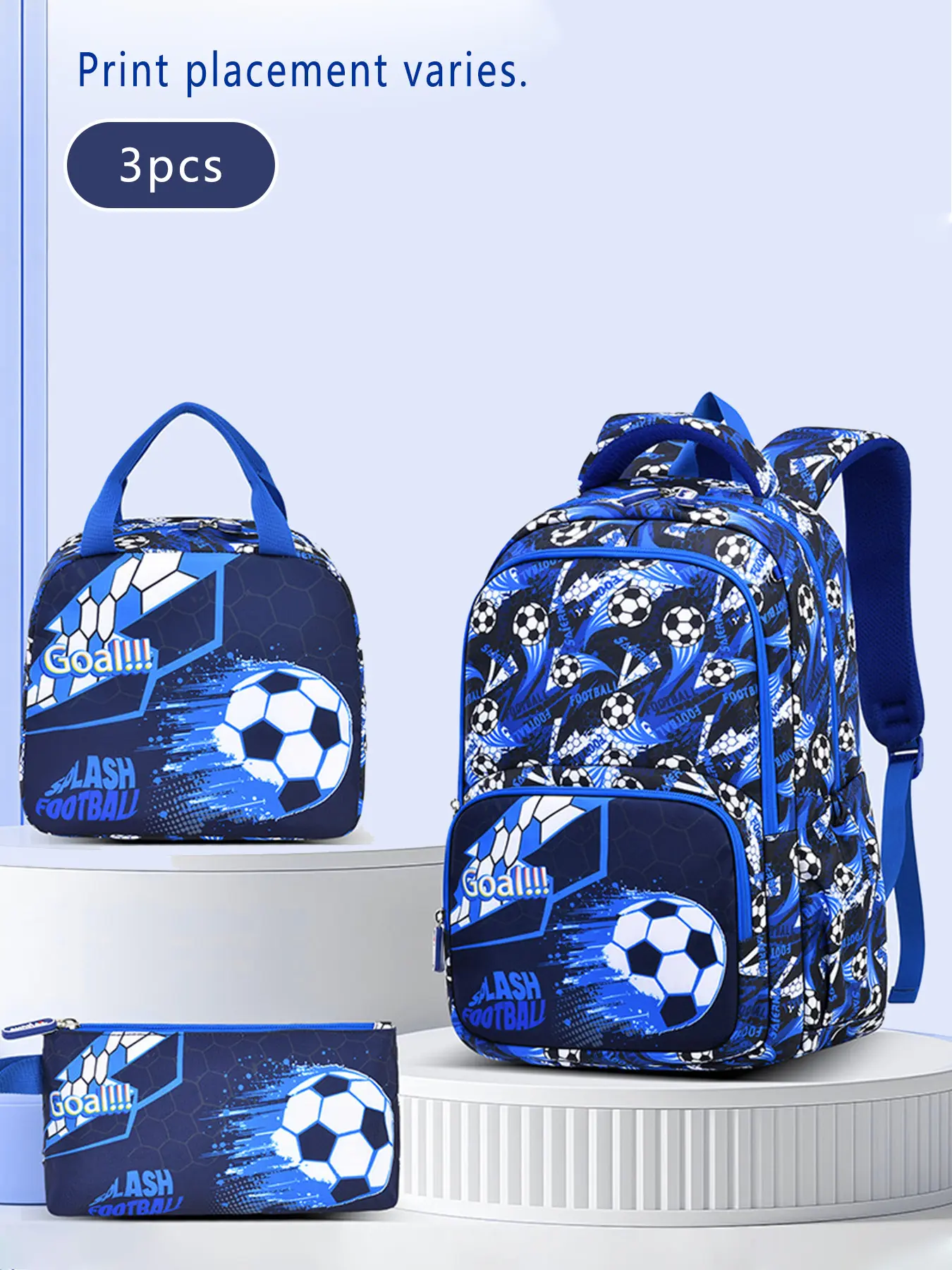 3Pcs Blue Soccer Print Backpack Set Matching Handheld Lunch Bag Slim Stationery Pouch Mesh Padded Shoulder Straps Multi-layer Zip Compartments for Campus Study Sports Outings Weekend Casual Trips