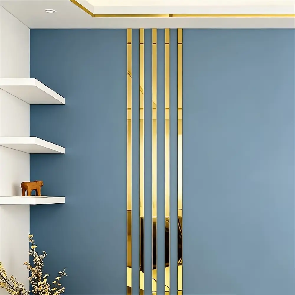 10 gold long acrylic Reflective mirror wall stickers, Wall Decal, Home Decor, 3x50cm self-adhesive waistline decorative strip, easy to install without holes, suitable for living rooms, bedrooms, Versatile use, horizontal, plastic material