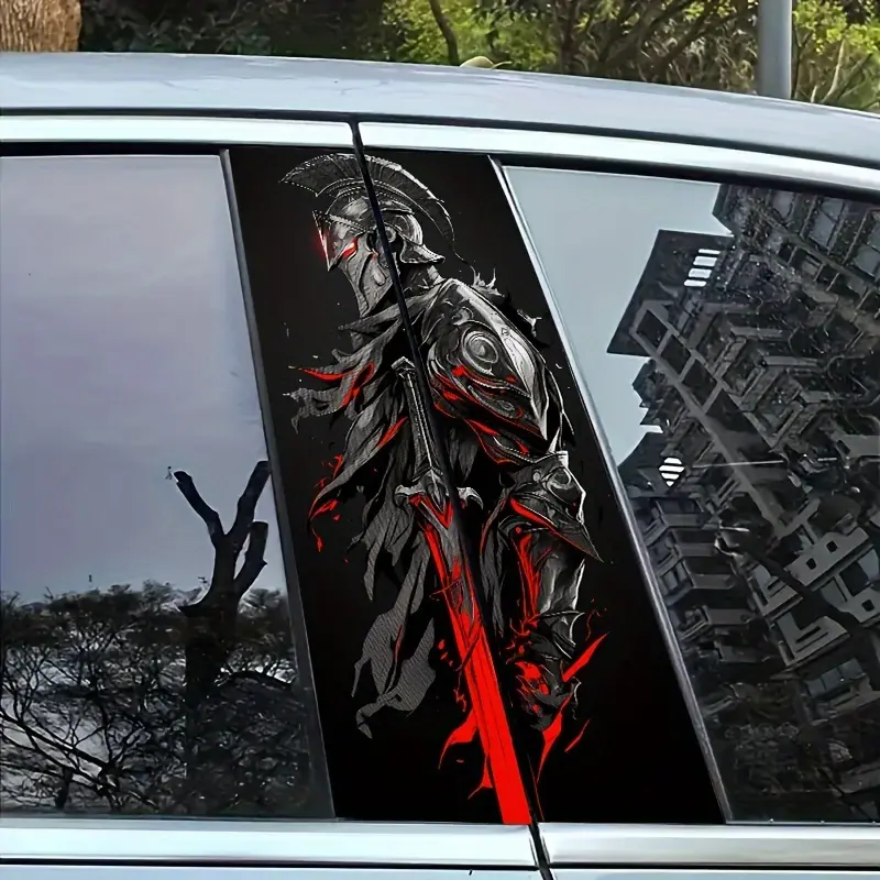 QF302 - Spartan Warrior Defense Car Sticker - Cartoon Themed PVC B-Pillar Sticker, Waterproof And Scratch Resistant, Self-Adhesive Vinyl Glass Metallic Plastic Ceramic Wood Surface - Front Position, Single Use, Anime Fantasy Space Animal Theme