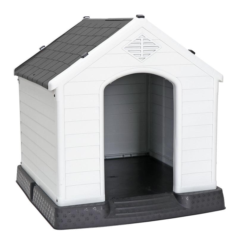 Segawe Large Dog House 32" Indoor Outdoor Plastic Pet House Waterproof Kennel for All Lifestages, Gray Top