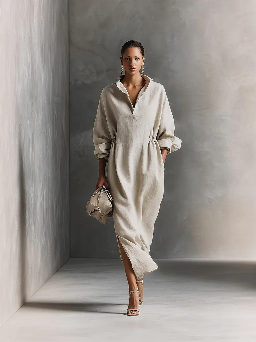 Minimalist Linen Shirt Dress - Perfect for Office, Brunch & Vacation! Oversized Collared Drawstring Waist Casual Dress # ShirtDress # OversizedDress # CasualDress # SummerDress # MinimalistFashion # MidiDress # DressesForWomen # Outfit of the Day