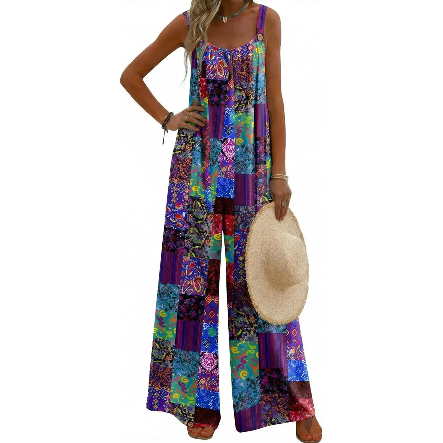 Women's Loose Fit Summer Boho Jumpsuits Overalls Festival Outfits Casual Rompers Cute Maternity Pleated Cruise Vacation Beach Clothes with Pockets