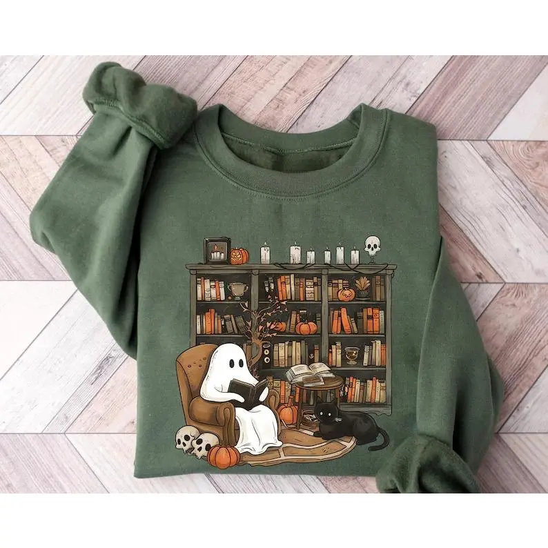 Retro Ghost Reading Sweatshirt, Halloween Librarian Teacher Gift