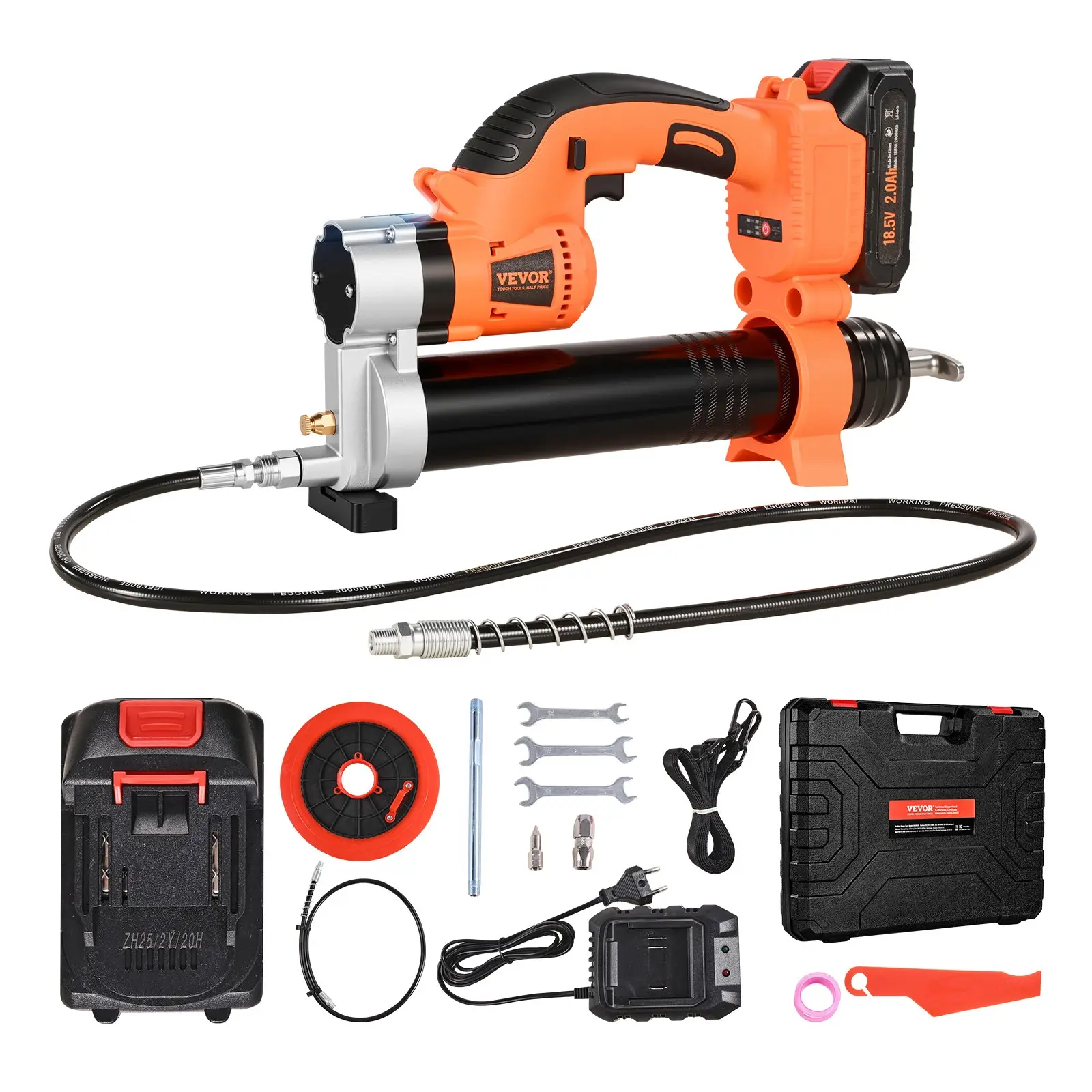 VEVOR Cordless Grease Gun, 8000 PSI Max Pressure, 20V Electric Grease Gun with 2.0 Ah Battery LED Light, 30-inch Long Hose Carrying Case, Variable Speed Triggers, Vehicles or Machines Greasing