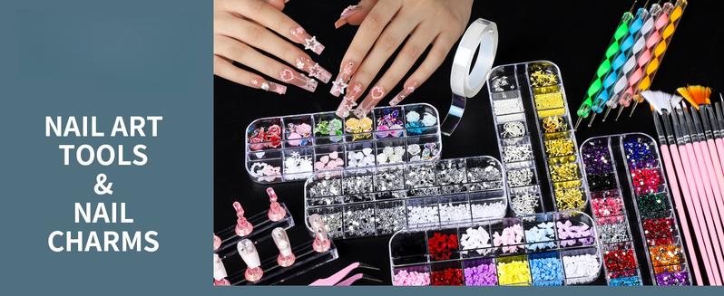 Nail Kit with Nail Charms and Nail Art Brushes Set, Nail Art Tools with 5 Boxes of 3D Nail Charms and Gems Rhinestones, 15 Pcs Nail Brushes, 5 Pcs Nail Dotting Tools, 2 Set of Nail Stand