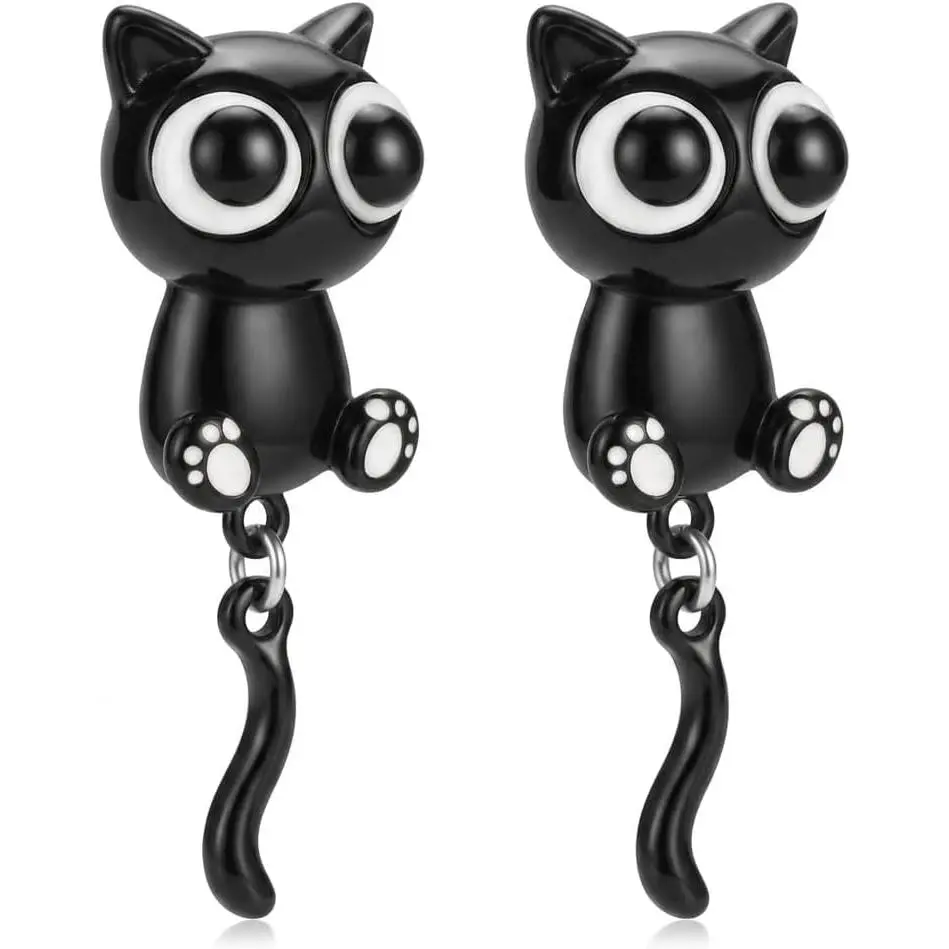 Stainless Steel Enamel Black  Dangle Earrings for Women - Articulated Swinging Tail Design, Kawaii Big Eye Aesthetic, Funky Gothic   for Her