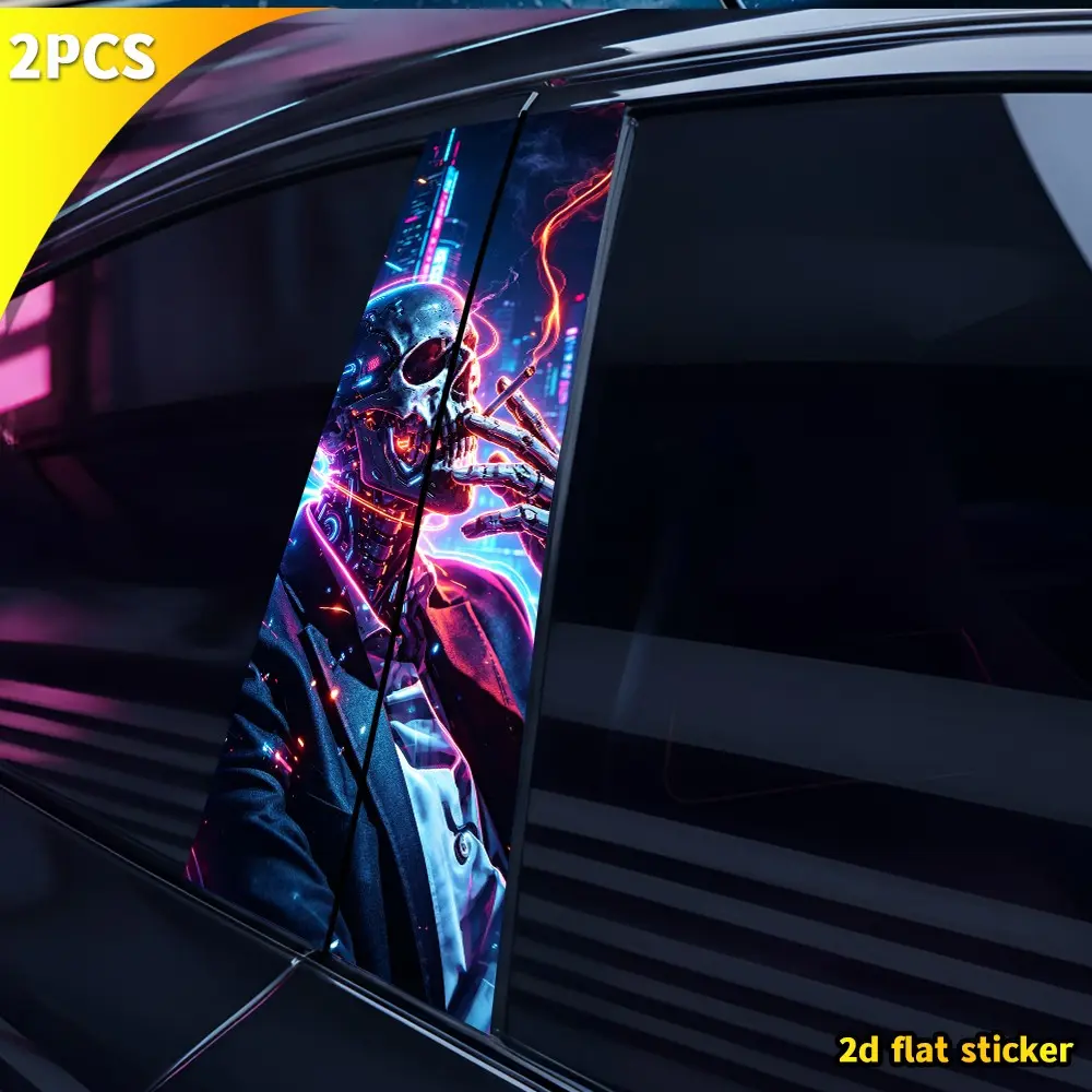 2PCS Cyberpunk Skull Car Vehicle B-Column Stickers, Waterproof Vinyl Car Decals, Neon Print, Exterior Decoration Accessories