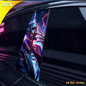 2PCS Cyberpunk Skull Car B-Column Stickers, Waterproof Vinyl Car Decals, Neon Print, Exterior Decoration Accessories