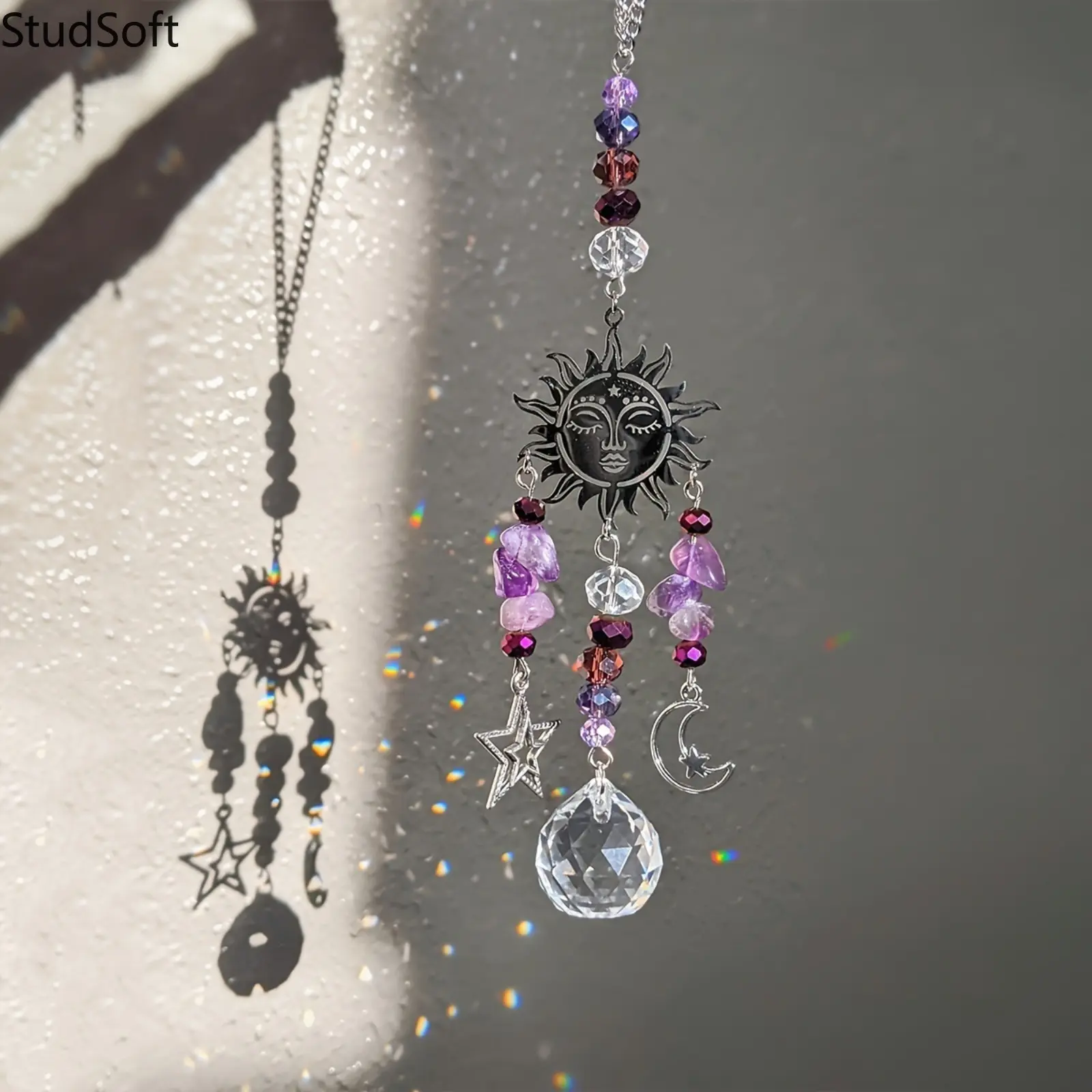 Amethyst Crystal Sun Catcher - Gothic Sun Moon Star Pendant Prism Hanging Ornament, Rainbow Maker for Window Decor, Outdoor Home Accent