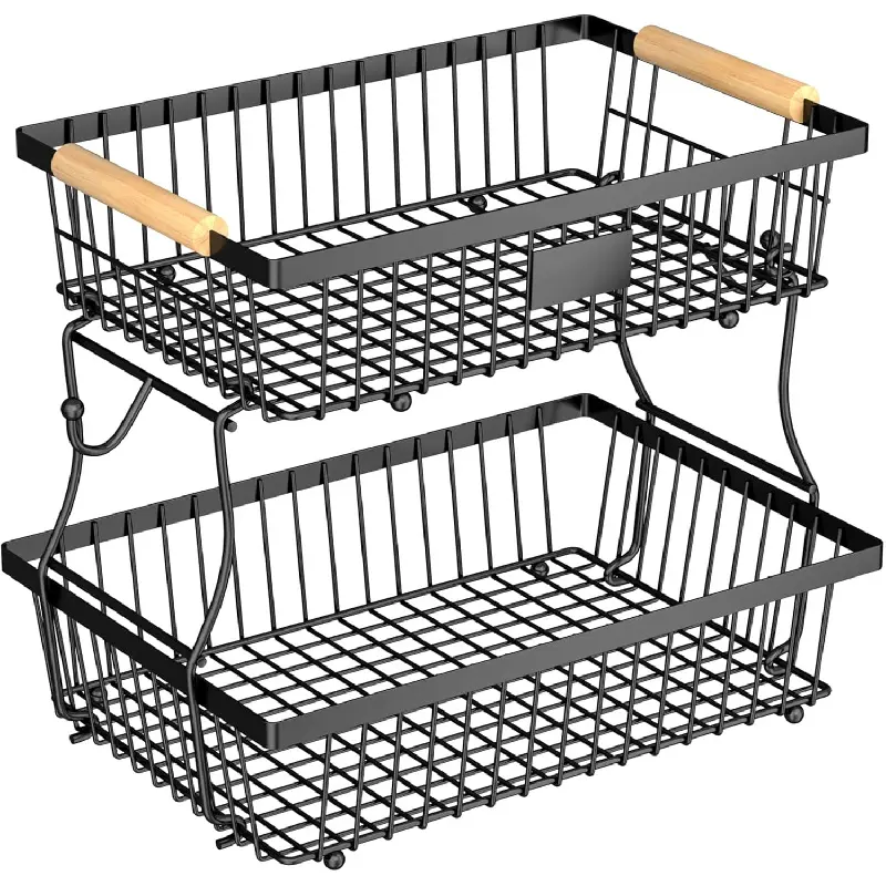 2-Tier Fruit Basket for Kitchen Counter with 2 Banana Hangers, Countertop Metal Bread Basket with Wooden Handle, Large Storage Stand for Vegetables, Snacks, Eggs, Produce Storage - Black