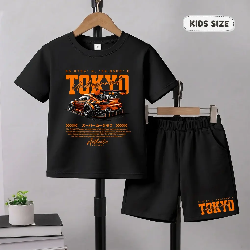 Boys' Casual 2-Piece Outfit Set, Lightweight Breathable Race Car Print T-Shirt and Elastic Waist Shorts for Summer Outdoor Play, 6-7Y(130), Age-Tagged Boys' Sets, Shirt And Shorts Boys' Sets