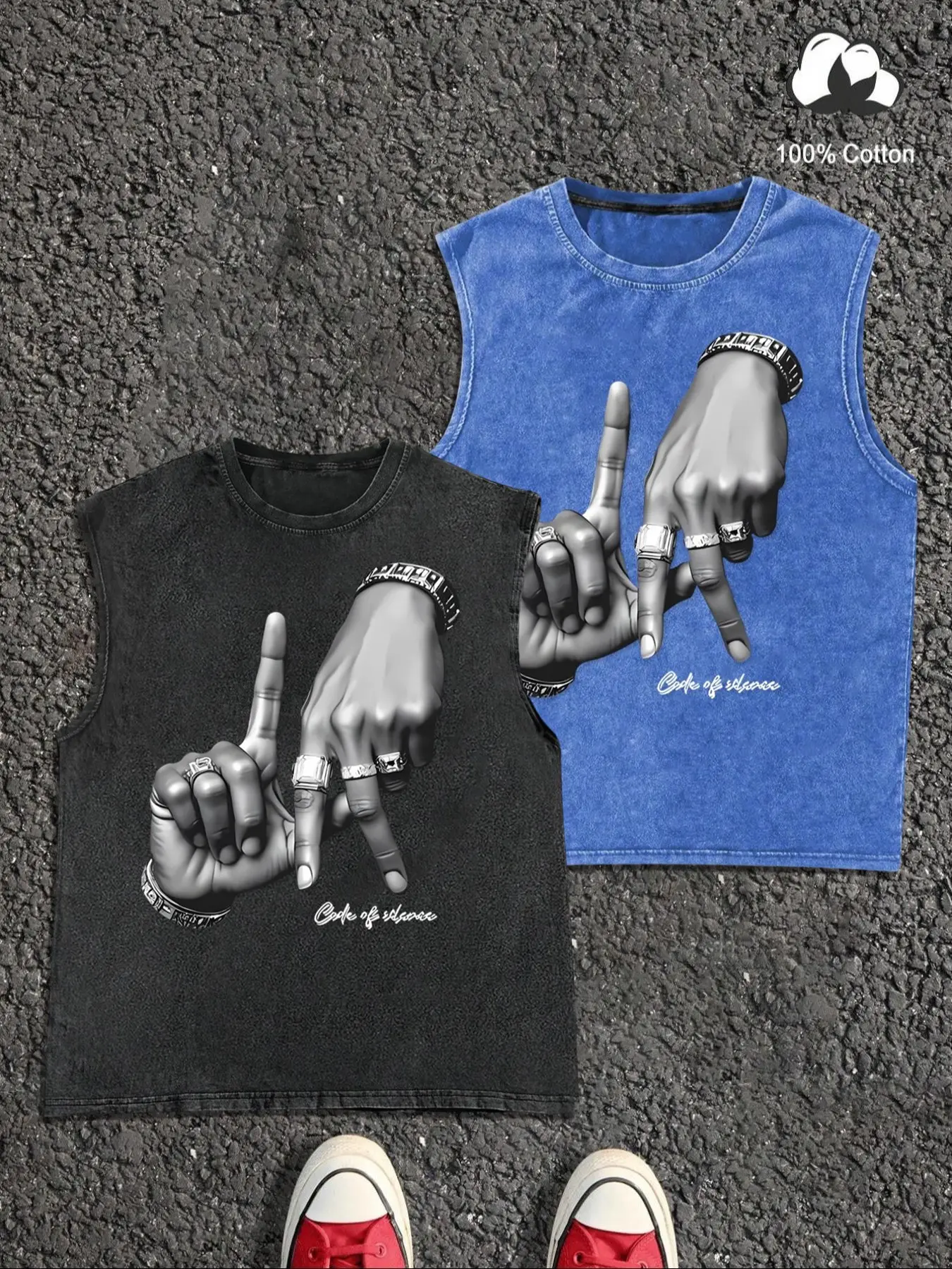 Men's Letter Print Denim-Effect Print Tank Top, Regular Fit Casual Sleeveless Round Neck Top for Summer, Fashion Men's Clothes for Daily Wear, Socks