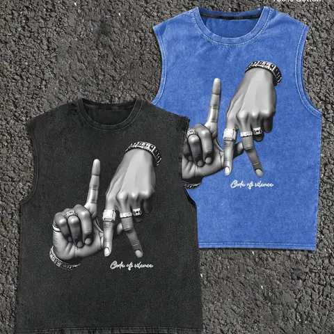 Men's Letter Print Denim-Effect Print Tank Top, Regular Fit Casual Sleeveless Round Neck Top for Summer, Fashion Men's Clothes for Daily Wear, Menswear, Socks