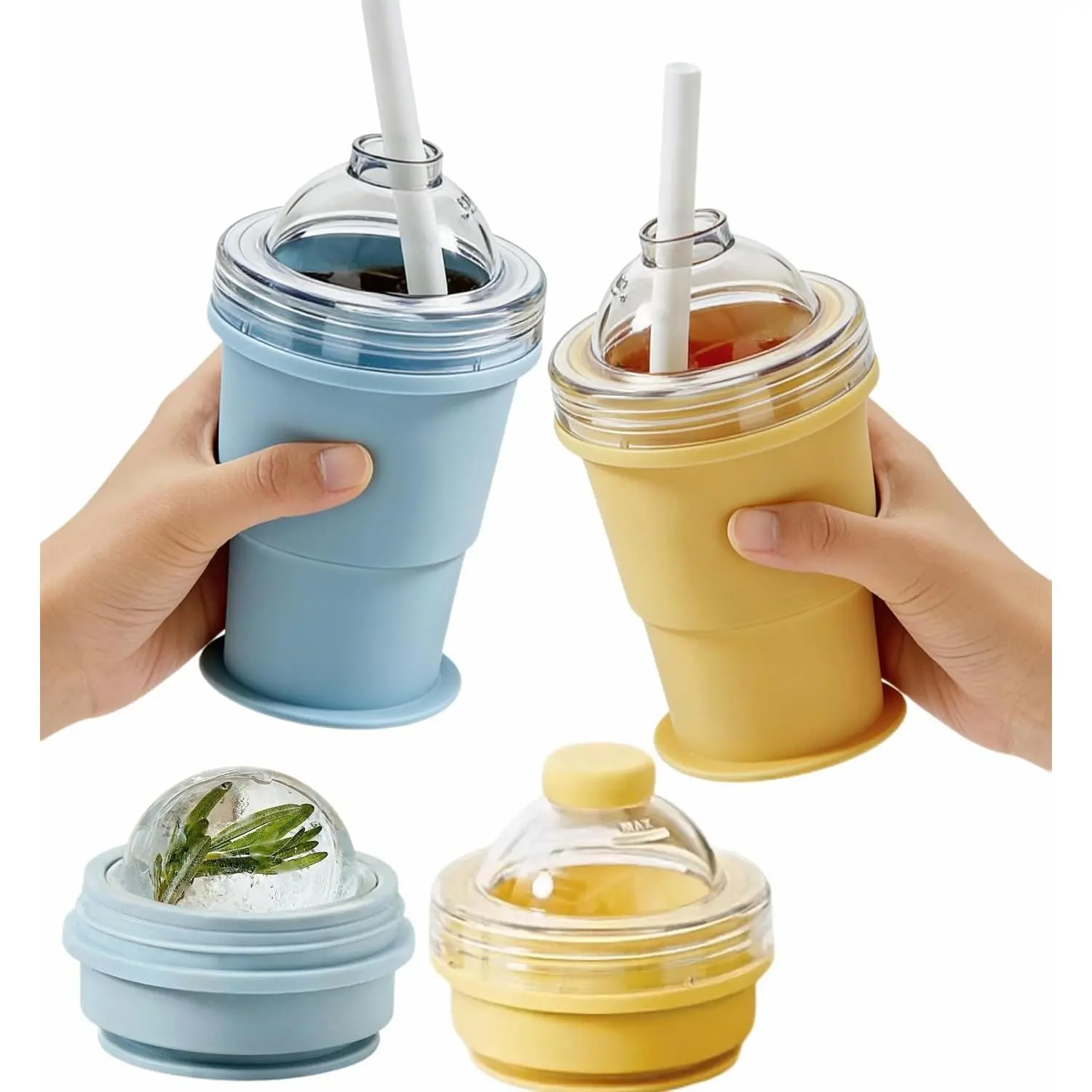 2-in-1 Silicone Ice Ball Maker Cup & Water Bottle, Portable Collapsible Lightweight Travel Tumbler with Leakproof Lid, Straw, Effortless Demolding, Washable Reusable for Gym, Daily Commutes, Water Bottles