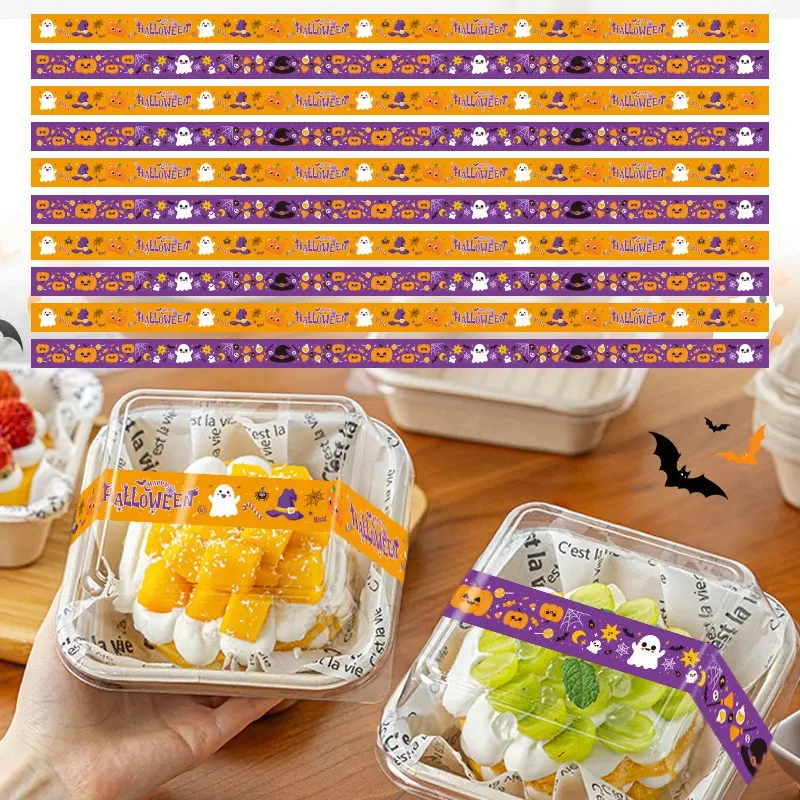 Halloween Decorative Labels, 100 Sheets Halloween Long Strip Baking Stickers, Cartoon Pumpkin Ghost Seals, Cake Dessert Packaging Decor Tags