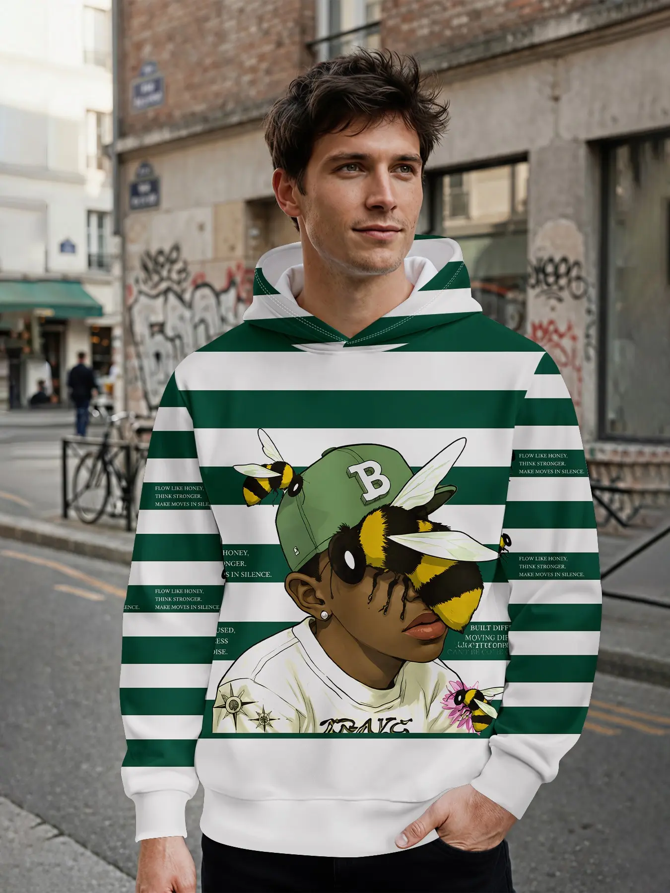 Striped Bee Digital Print Men's Hooded Sweatshirt, All over Print, Casual Fitted Hoodie, Perfect Gift for Men