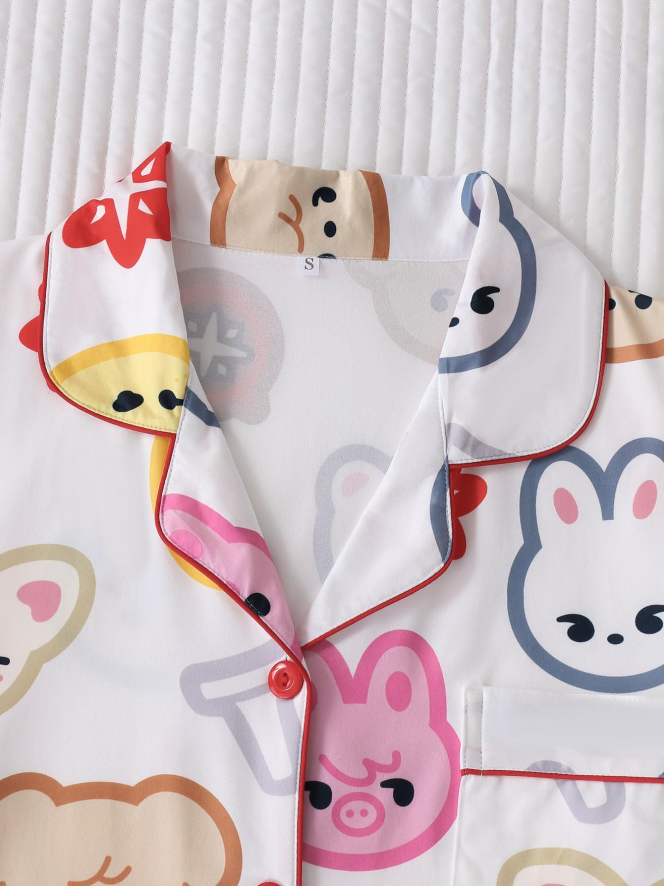 Women's Cartoon Print Short Sleeve Top & Shorts Pyjama, Casual Comfy Top & Shorts Pj Set, Ladies Sleepwear for All Seasons, Loungewear, Pajamas