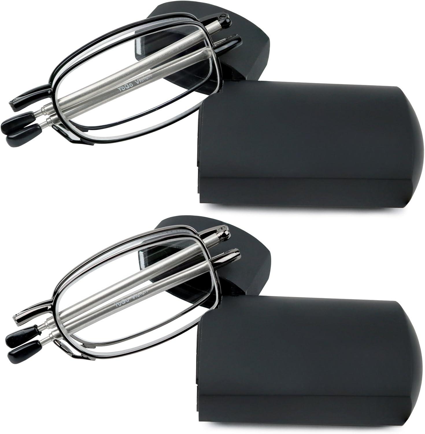 Reading Glasses 2 Pair Black and Gunmetal Readers Compact Folding Unisex Glasses for Reading Case Included