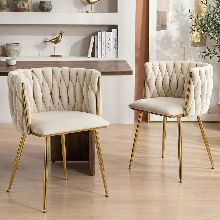 Modern Velvet Dining Chairs Set Of 2 Hand Weaving Accent Chairs Living Room Chairs Upholstered Side Chair With Golden Metal Legs For Dining Room Kitchen Vanity Living Room