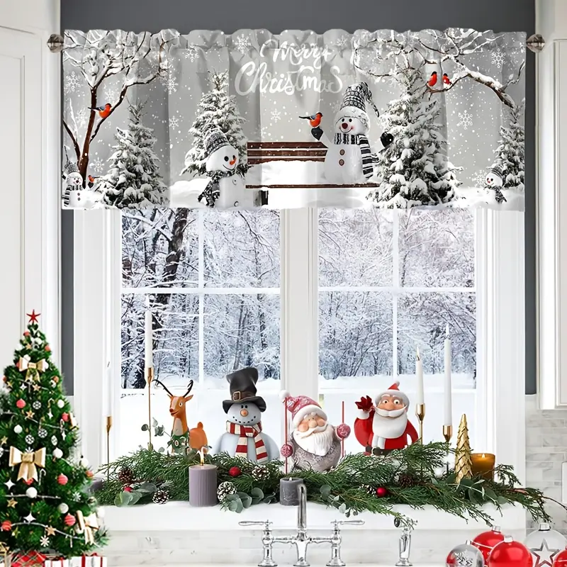1 piece Christmas curtain valance, 17.72x 55.12inch white snowman Christmas tree polyester rod pocket short curtain, winter holiday window decoration for bedroom and living room, festive Christmas decoration, 2025 home Christmas decoration, Navidad Noel d