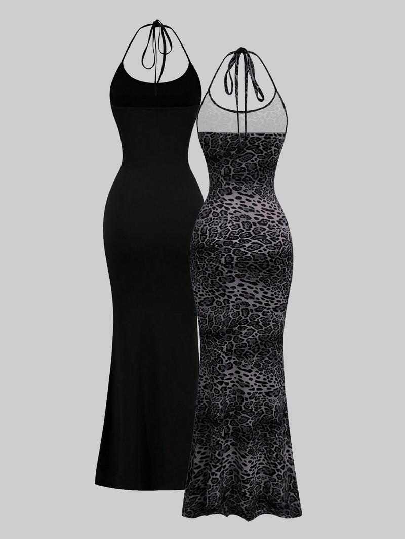 Women's Leopard Print Cami Mermaid Dress & Solid Color Sleeveless Cami Dress Set, Sexy Minimalist Fashion Casual Two-piece Outfits for Party Club Dating Wear, Ladies Summer Clothes, Gowns, Formal Womenswear, Dresse