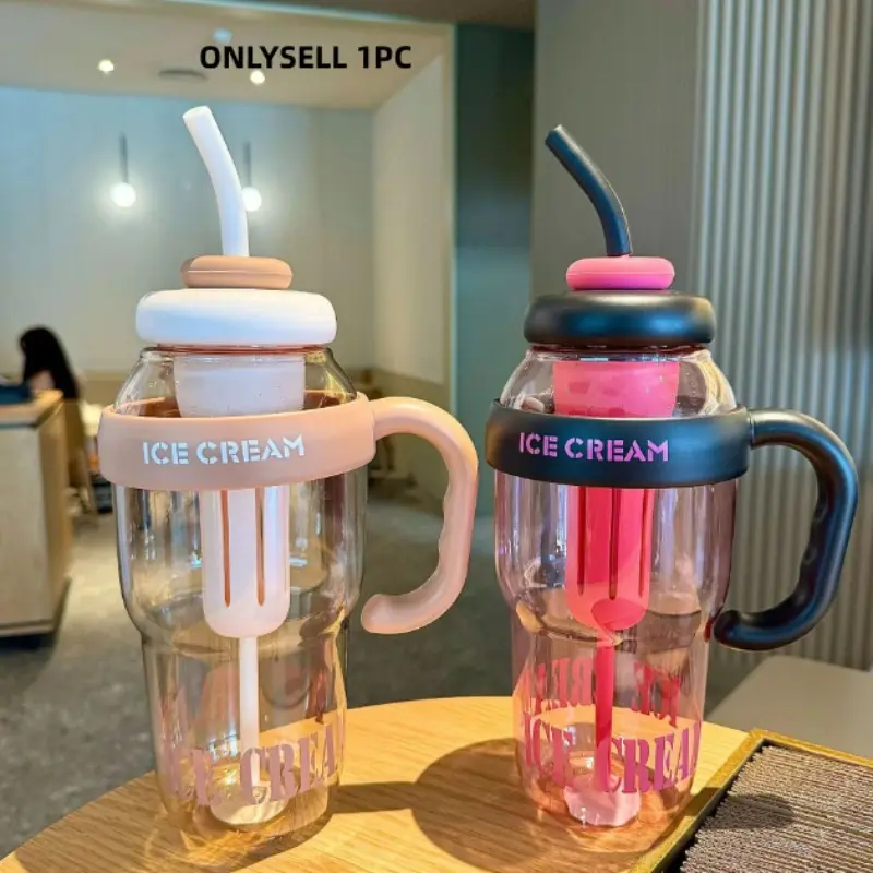 Large Capacity Water Cup, High Aesthetic Value, Unisex Giant Ice Cup with Handle and Straw, Summer Plastic Cup, Drinkware, Perfect for All Seasons