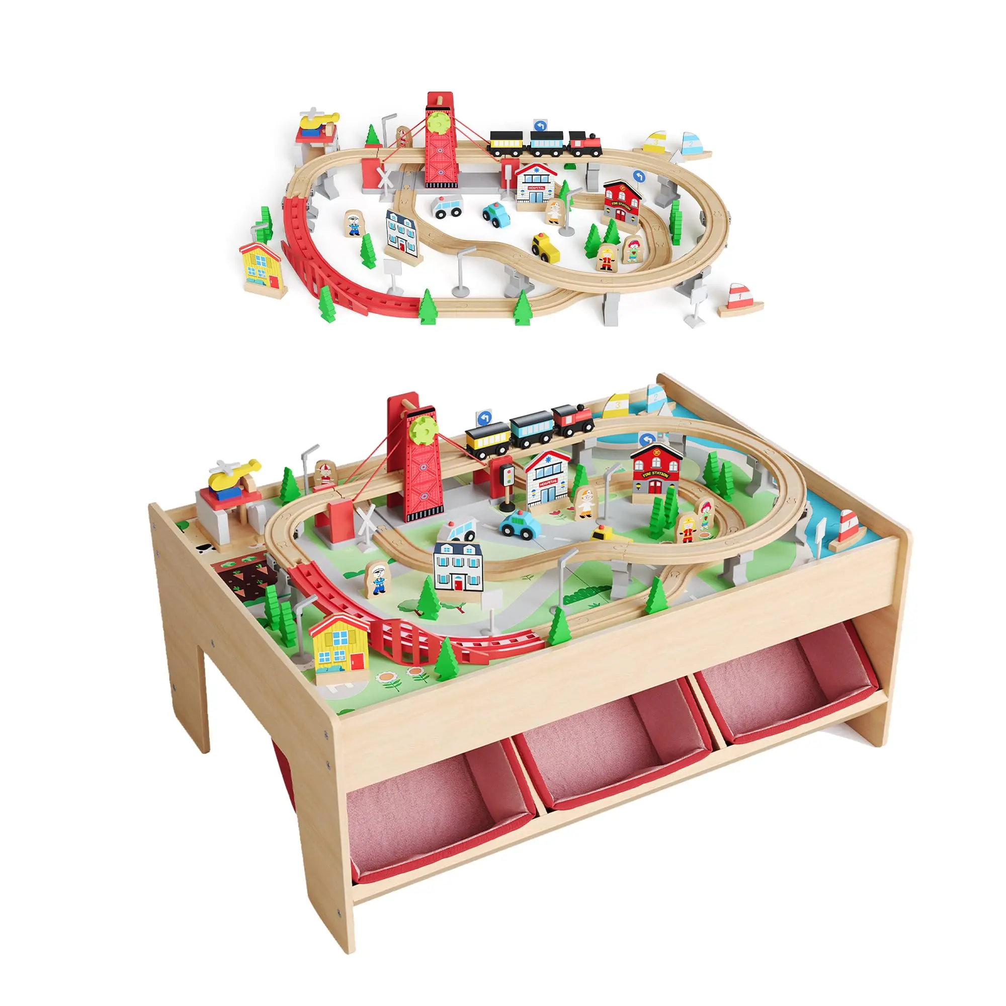 Wooden Train Table, 84 Piece Multipurpose Toy Activity Playset for Children, Comes with Tracks & Drawer, Reversible Top, Natural Finish