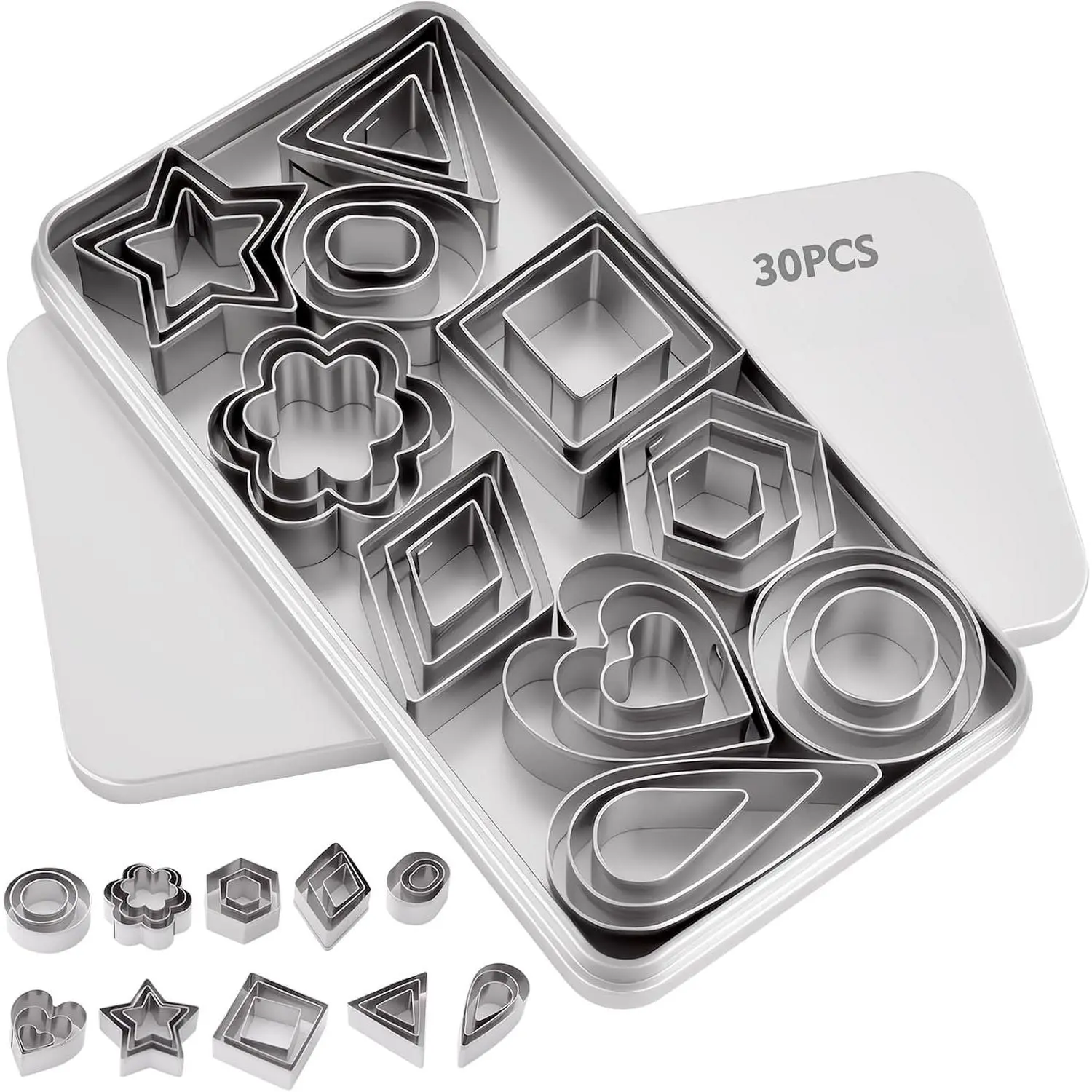 30 count Mini Cookie Cutters Shapes Set with Box for  | Small Stainless Steel  Triangle Cookie  Variety Pack for Fruit, DIY Baking,  Polymer Clay, Holidays & Daily Use