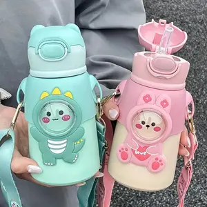 Cartoon Animal Design Vacuum Flask, 1 Count Portable Stainless Steel Water Bottle with Straw, Drinking Cup for Home Office School, Leak Resistant Traveler Tumbler with Lid, Drinkware