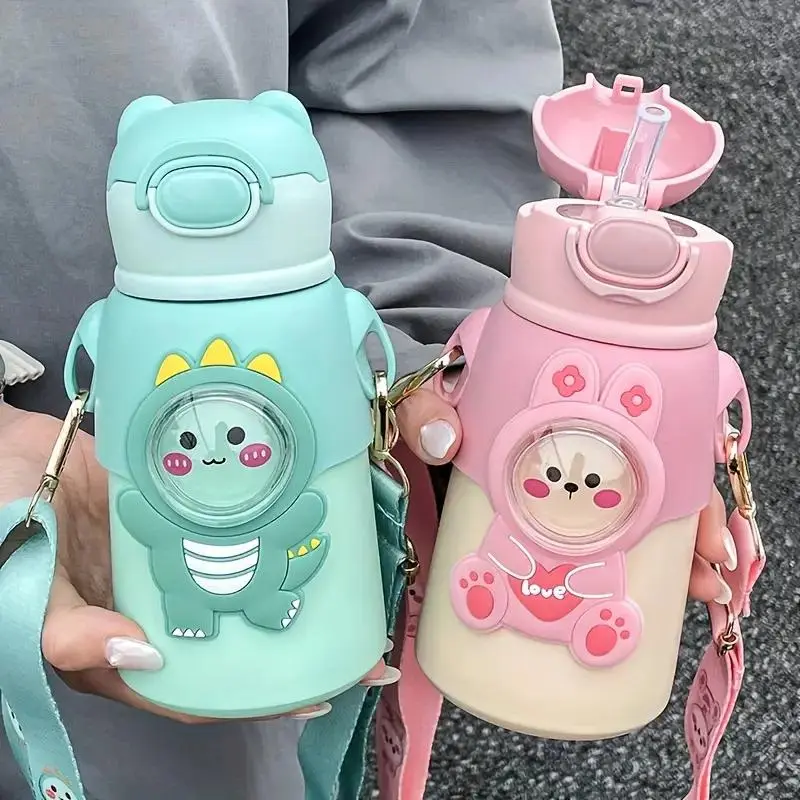 Cartoon Animal Design Vacuum Flask, 1 Count Portable Stainless Steel Water Bottle with Straw, Drinking Cup for Home Office School, Leak Resistant Traveler Tumbler with Lid, Drinkware, Leakproof Vacuum Flask, Stainless Steel Flasks