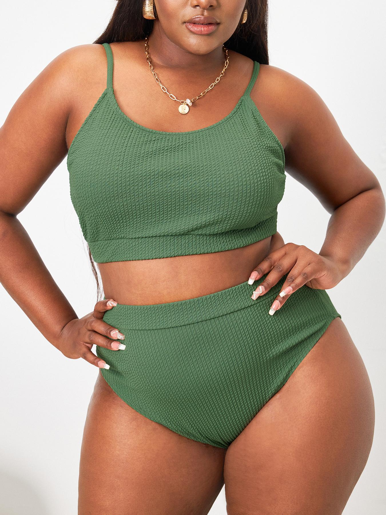 [Plus Size] Plain Ribbed Swimsuits, Casual Spaghetti Strap Cami Swim Top & High Waist Swim Bottom Bikini Sets for Summer, Swimsuit for Women, Women's Swimwear for Beach Holiday, Tankini Outfit, High Waisted Swimsuit, Swim Tankini Tops