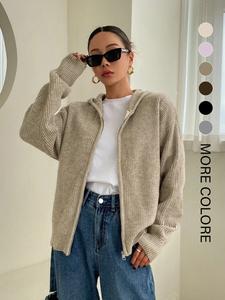 women's solid zip up hooded sweater cardigan, casual drop shoulder long sleeve cardigan, women knitwear for fall & winter daily wear, cardigans for women, jacket, tops