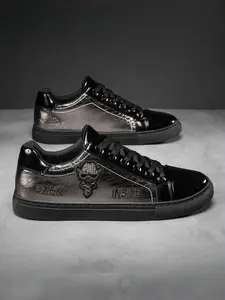 Unisex Black-Silver Color-Block Casual Sneakers: Glossy Design + Hot-Diamond Decoration, Daily Street Trendy Shoes