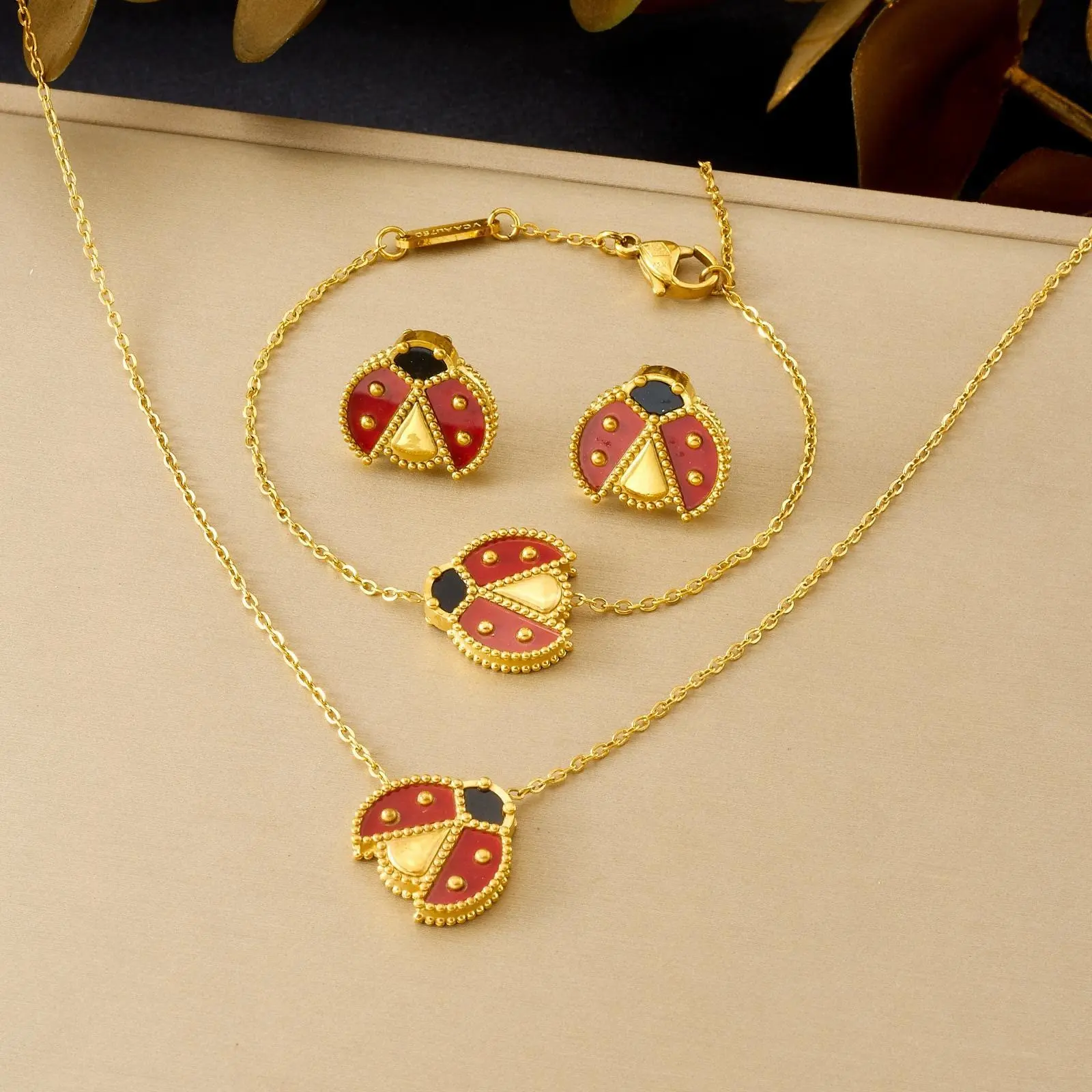 18K Gold Plated Ladybug Jewelry Set, Enamel Red & Black Beetle Necklace, Bracelet & Earrings, Stainless Steel Lucky Charm Set