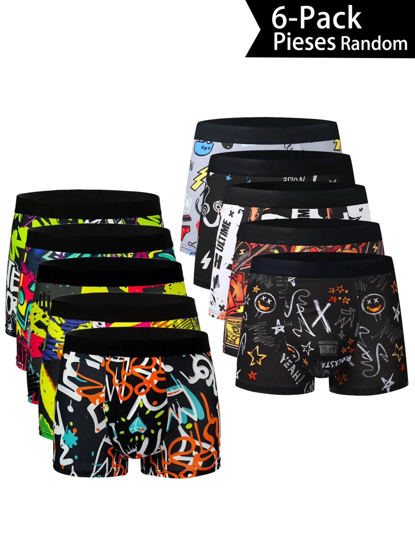 6-Pack Men's Street Graffiti Boxer Briefs, Trendy Letter Smile Print, Soft Fabric, Casual Youth Trunk, Comfortable and Stylish